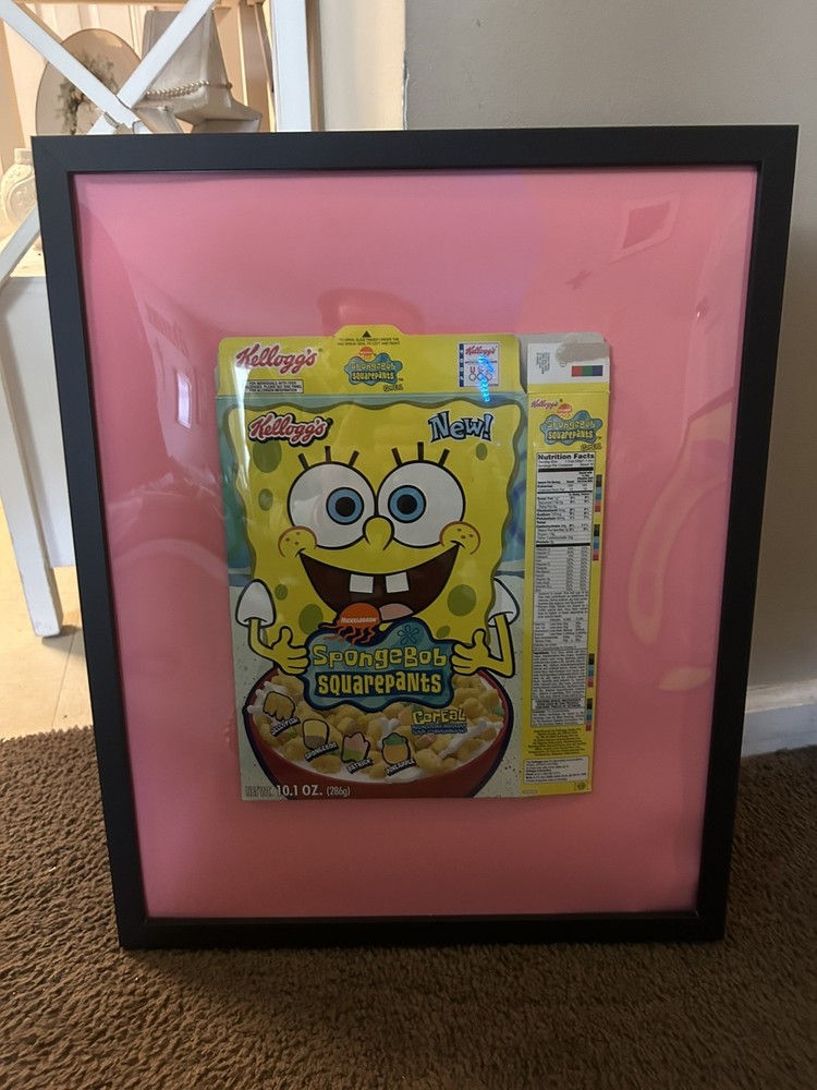 early 2004 spongbob cearal box flattened and framed