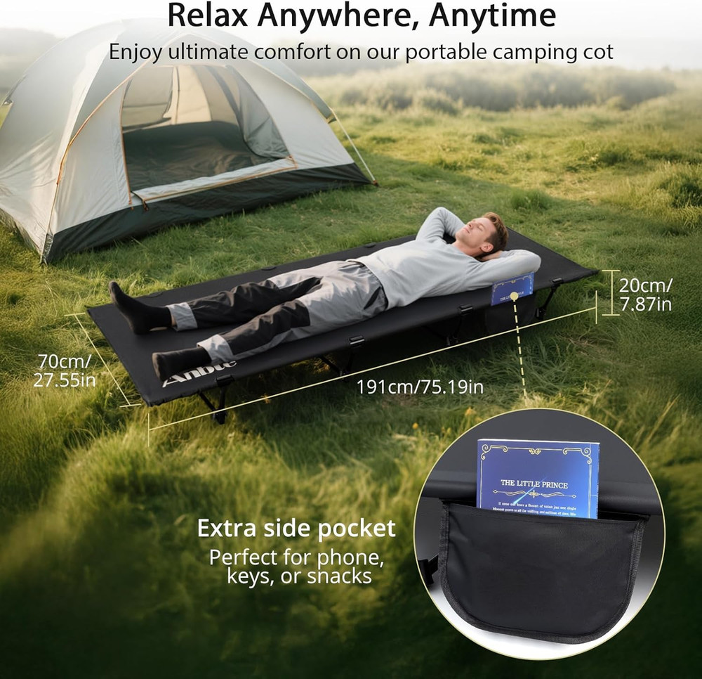 Ultralight Portable Camping Cot - 275 Lbs Capacity with Storage Bag & Pocket