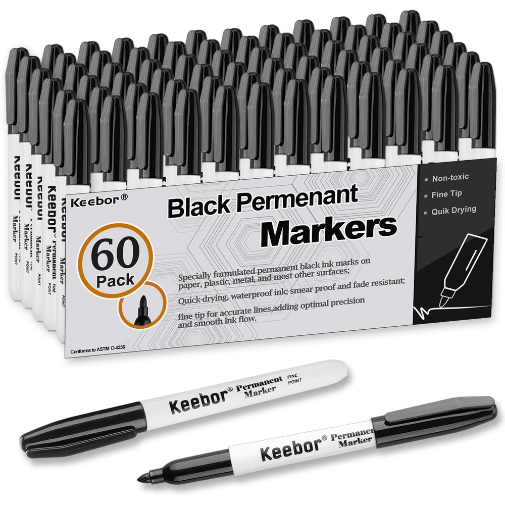 60-Pack Black Permanent Markers Fine Tip Quick Drying Fade Resistant Set