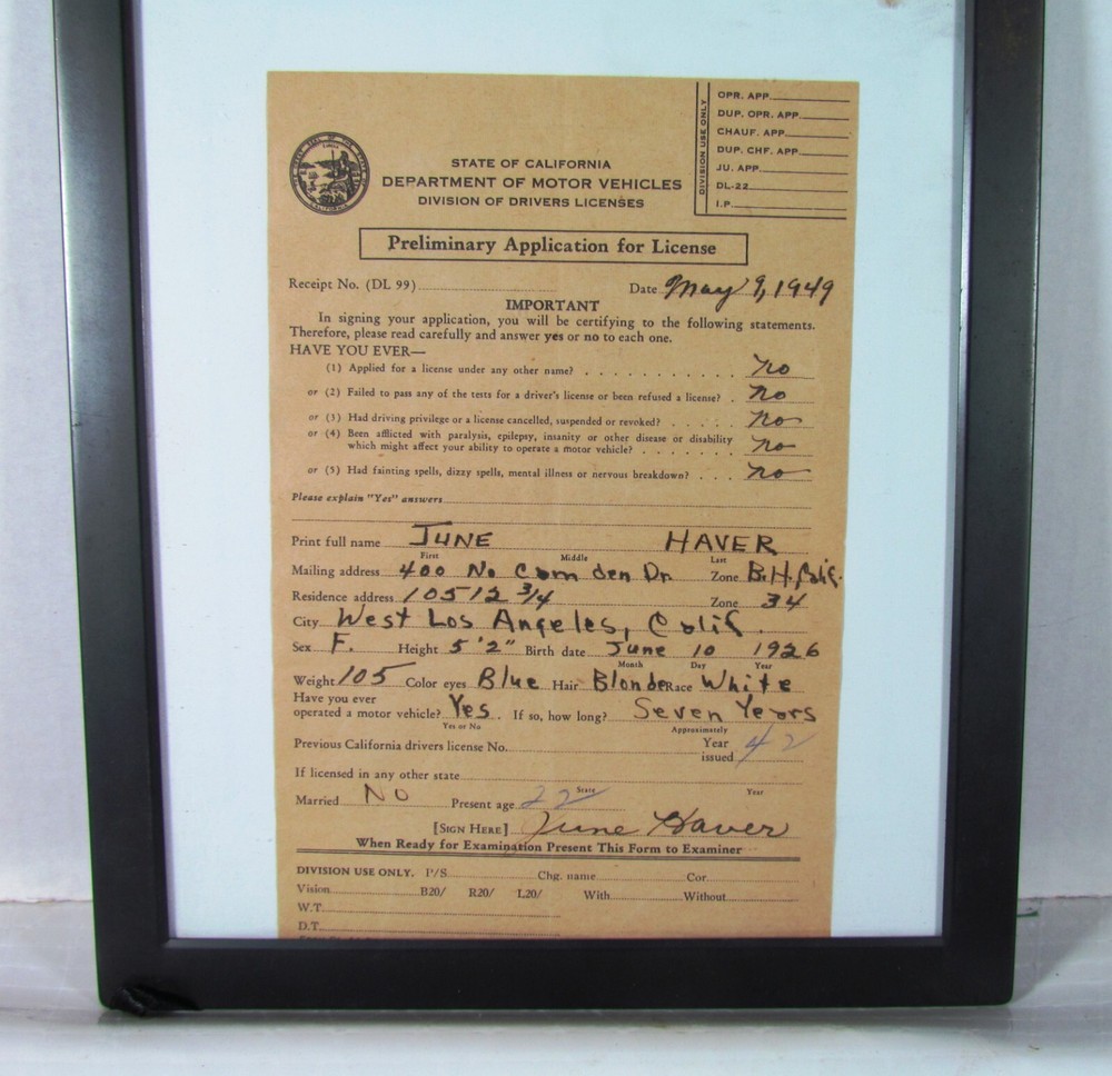 JUNE HAVER, Actress, Singer, Dancer  1940's - DOCUMENT  SIGNED May 9, 1949