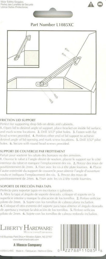 Friction Lid Support - Right Hand - Brass Plated 6"