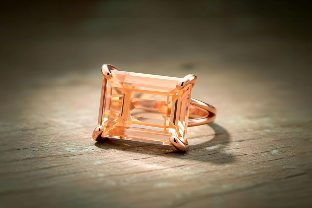 Morganite Ring Anemone 18k Peach Gold Emerald Cut Rectangular Stone