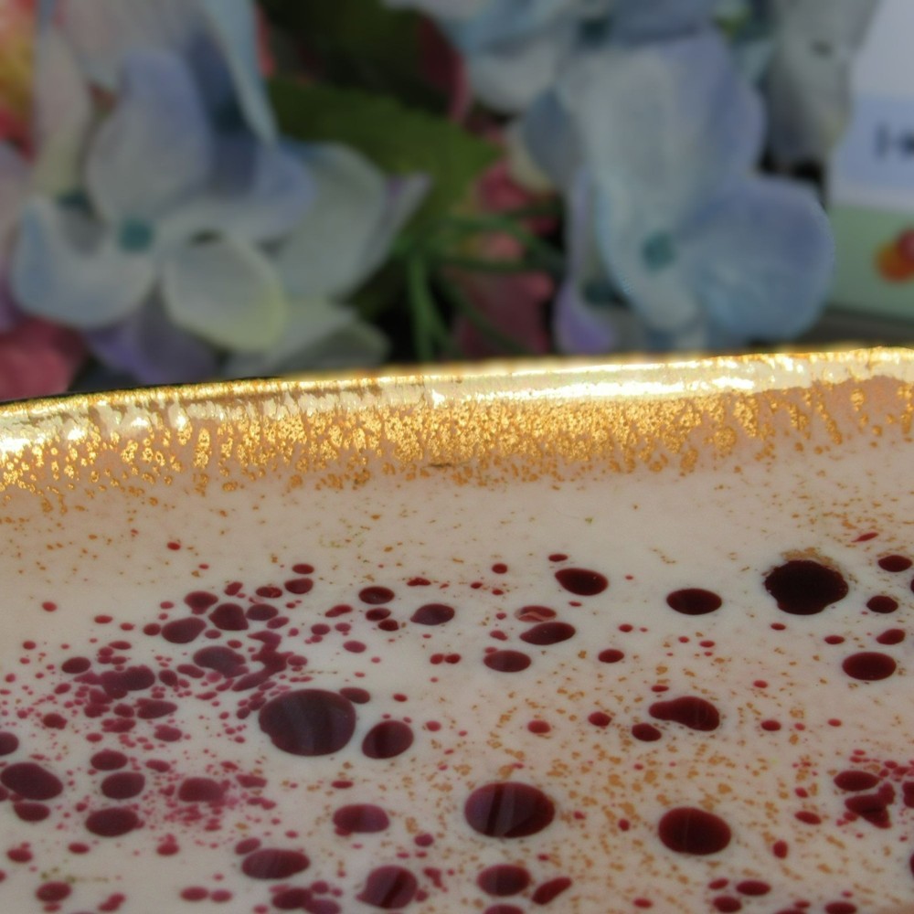 Handmade Enamel on Copper Rectangular Dish Pink With Red & Gold Speckles