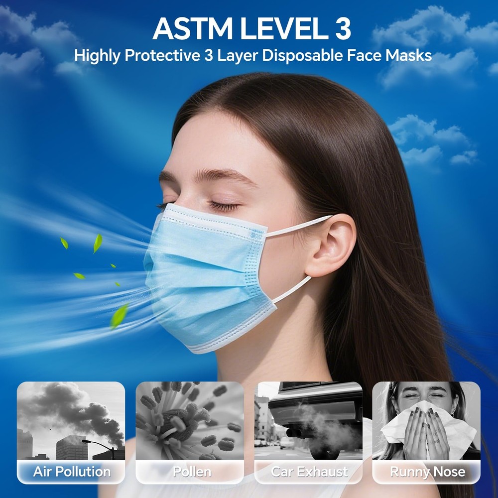 GTT 500PCS ASTM Level 3 Highly Protective 3 Layer Face Mask with Ear Loops - Ind