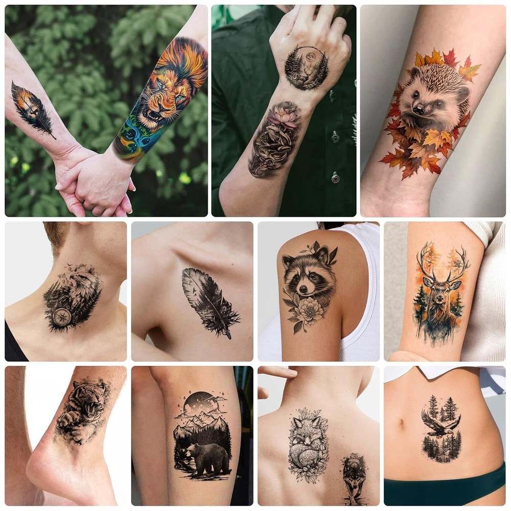 77 Sheets Temporary Tattoos, 17 Sheets Half Arm Wolf Lion Tiger Bear Leopard Eag