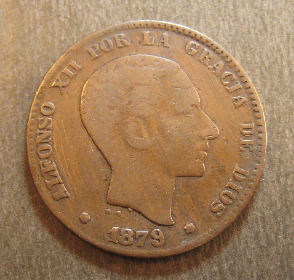 1879 OM  Spain 10 Centimos - * Doubled Die Reverse * DDR Error - (P4505)
