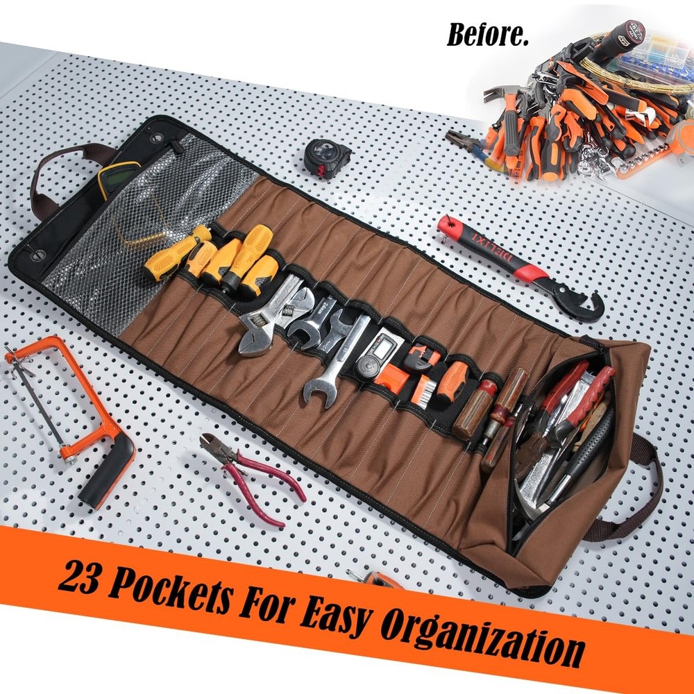 23-Pocket Canvas Tool Roll, Heavy-Duty Tool Wrap Roll, Waterproof Canvas Roll...