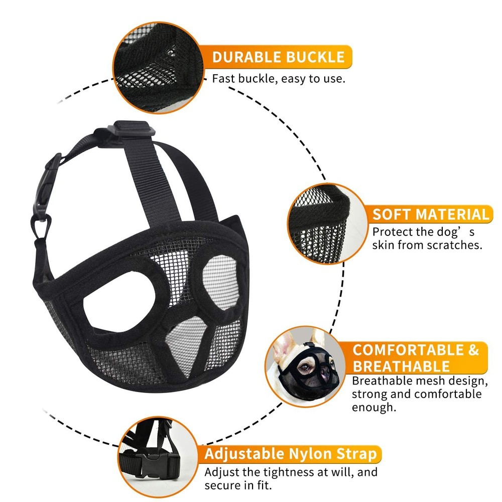 Short Snout Dog Muzzle - Adjustable Breathable Mesh Bulldog Muzzle for Barkin...