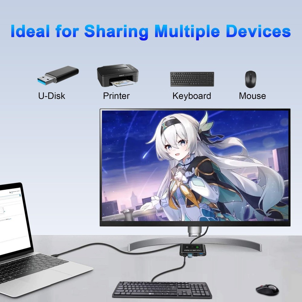 USB 3.0 Switch, 2 Computers Share 4 USB Devices, KVM Switcher, 2 USB Cables