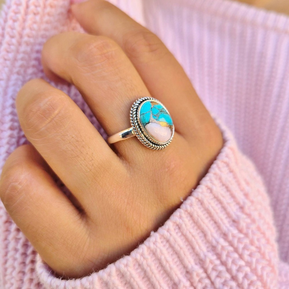 Oyster Copper Turquoise Ring 925 Sterling Silver Spiny Turquoise Statement Ring