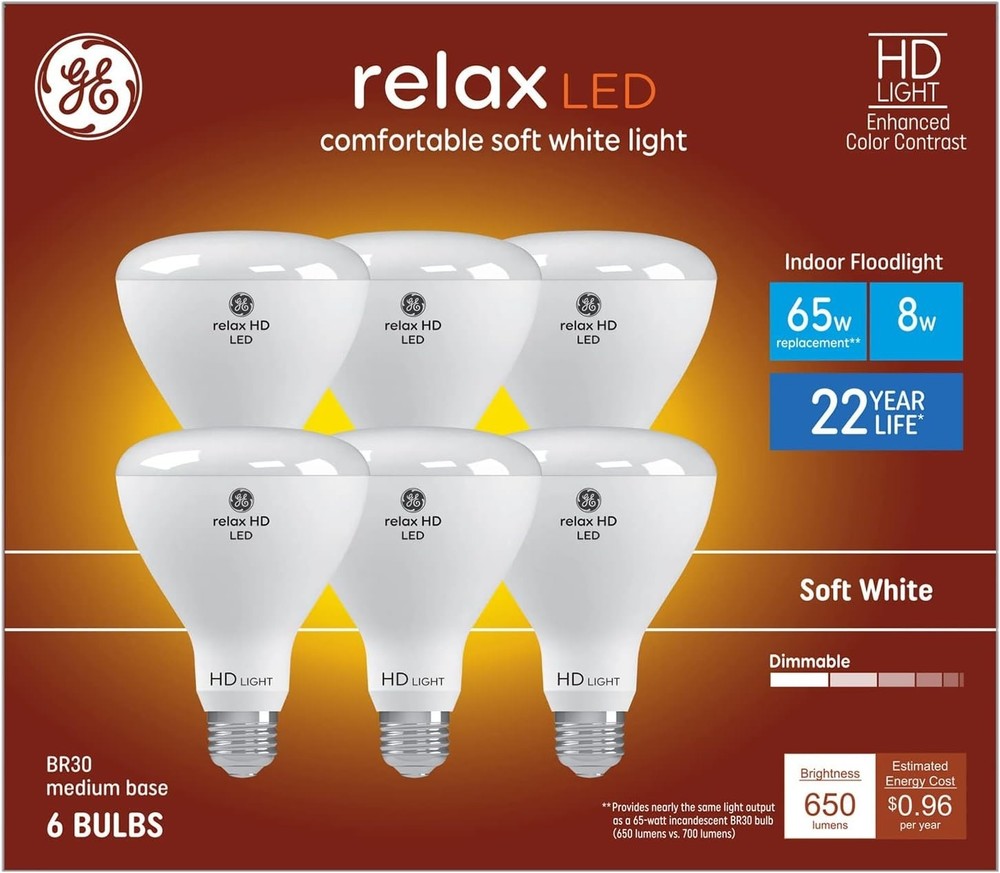 GE Relax 6-Pack 65 W Equivalent Dimmable Soft White Br30 LED Light Fixture Light
