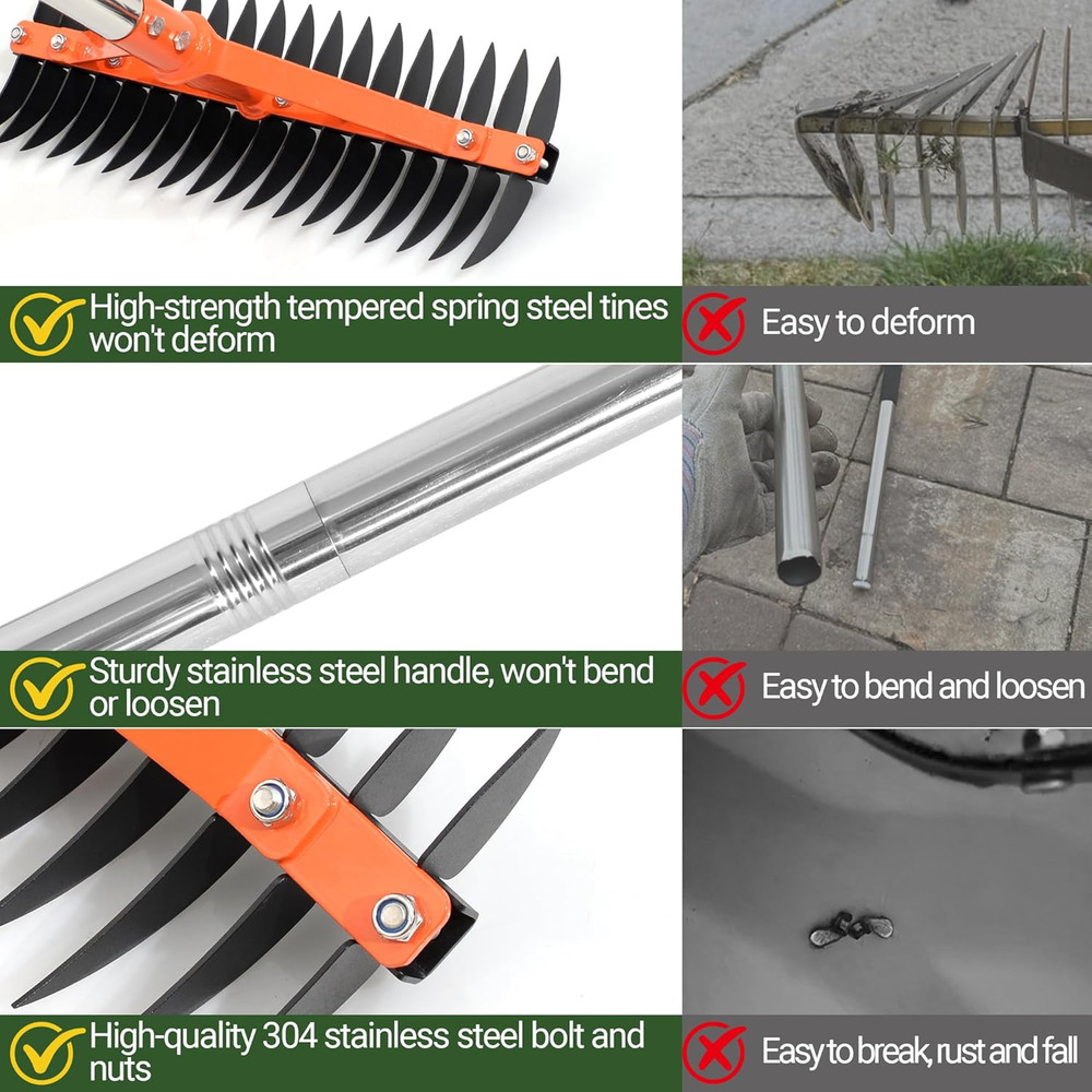 Thatch Rake for Lawns 18 Sharp Tempered Spring Steel Tines Dethatcher Rake Heavy