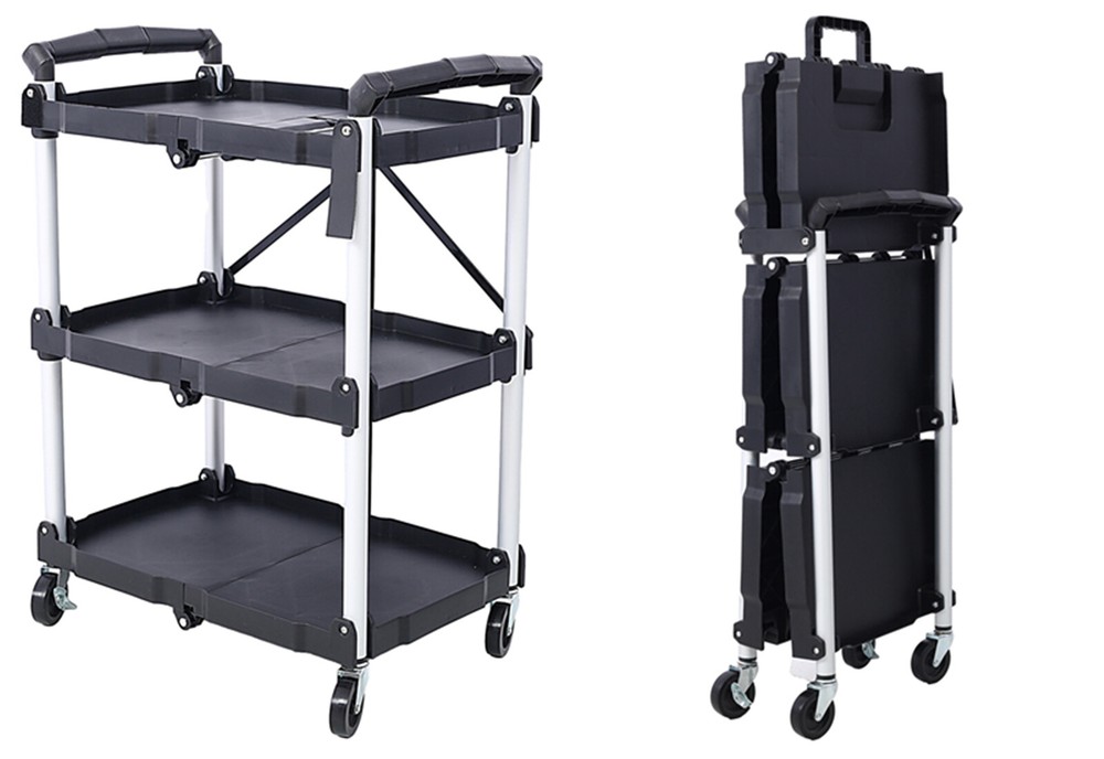 3-Layer Folding Collapsible Service Cart, Pack-N-Roll, 50 lb Capacity Per Shelf