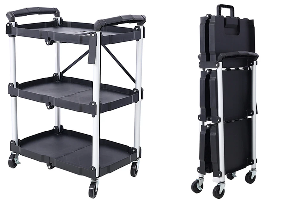 3-Layer Folding Collapsible Service Cart, Pack-N-Roll, 50 lb Capacity Per Shelf