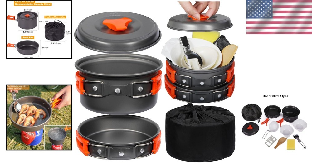 10-Piece Lightweight Camping Cookware Set for 1-2 People - Stackable & Durable