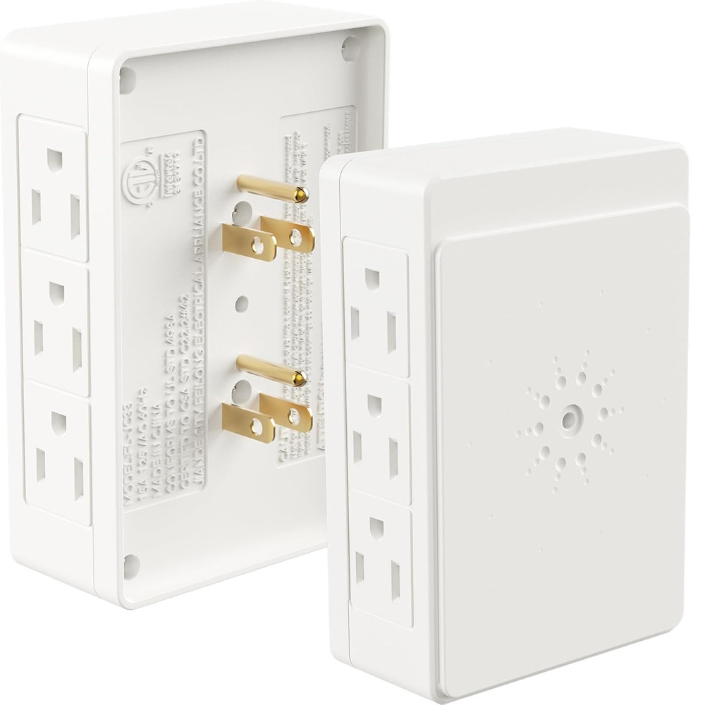 2 Pack Side Outlet Plug Adapter, 6-Outlet Extender, 3-Prong, Multiple Plug, Wall