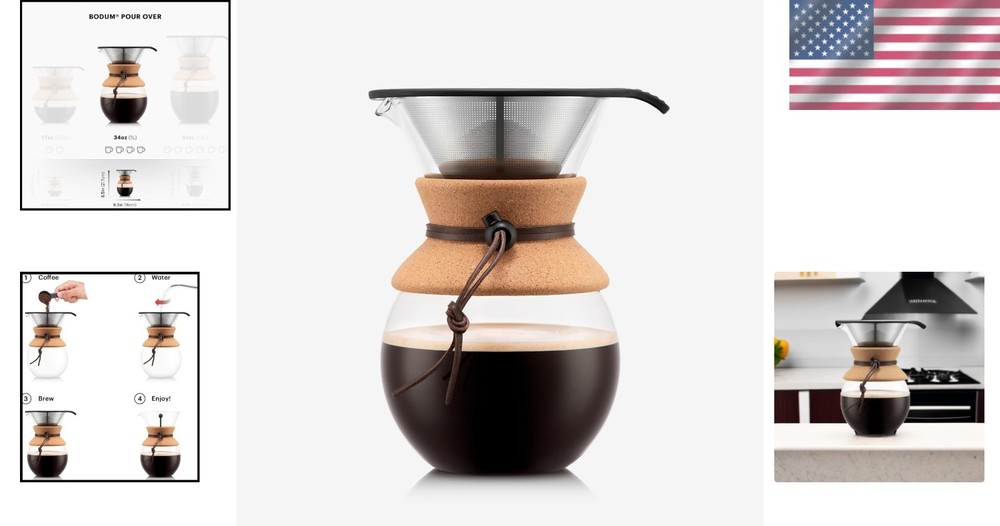 34oz Pour Over Coffee Maker - Elegant Borosilicate Glass & Permanent Filter