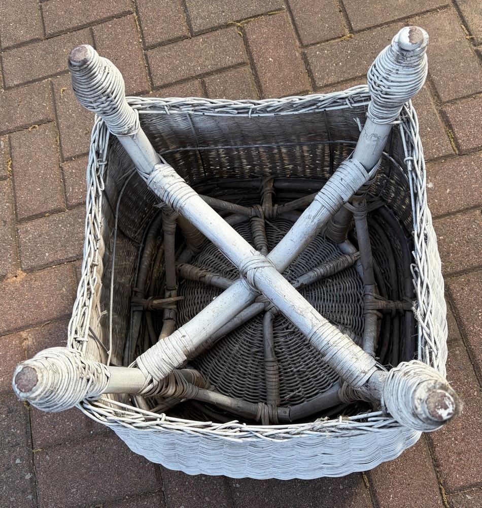Vintage Victorian Boho White Wicker Ottoman Stool