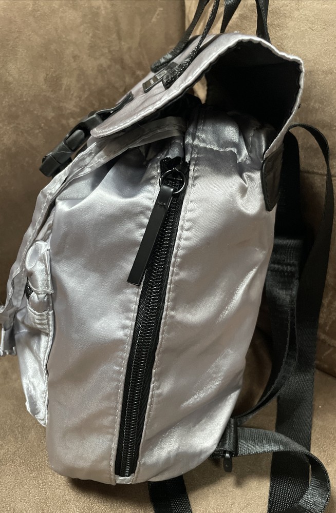 JUSTICE MINI BACKPACK SILVER/BLACK SATIN SUPER CUTE!!
