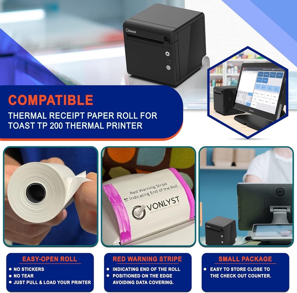 Thermal Printer Paper Rolls 06 Pack for Toast TP200 POS