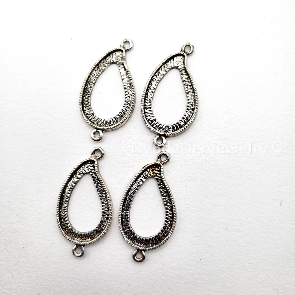 Antique Silver Plated Open Back Teardrop Cabochon Setting Connector • 36x19mm