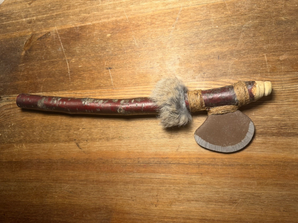 Stone Tomahawk, Handmade, Indian Style, Cherry Handle, Stone Head, Rabbit Fur