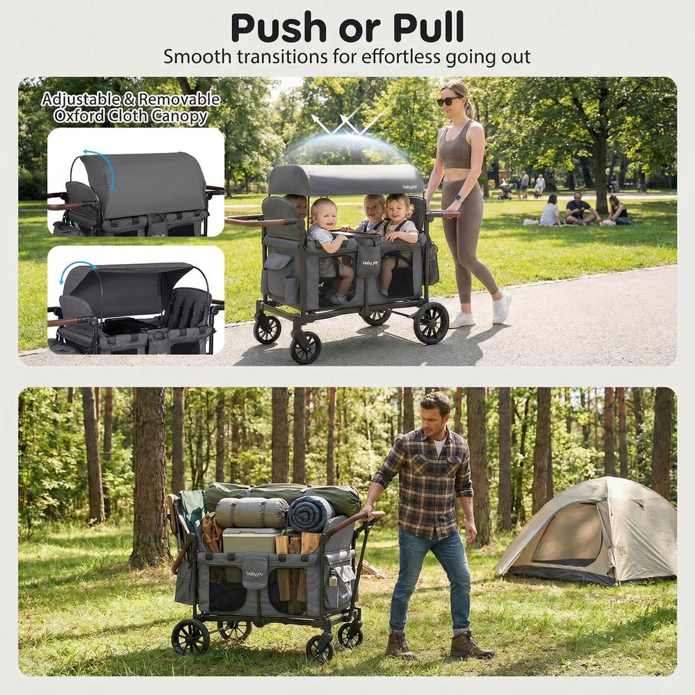 Wagon Stroller, Foldable 4-Seater Push-Pull Toddler Stroller w/Removable Canopy