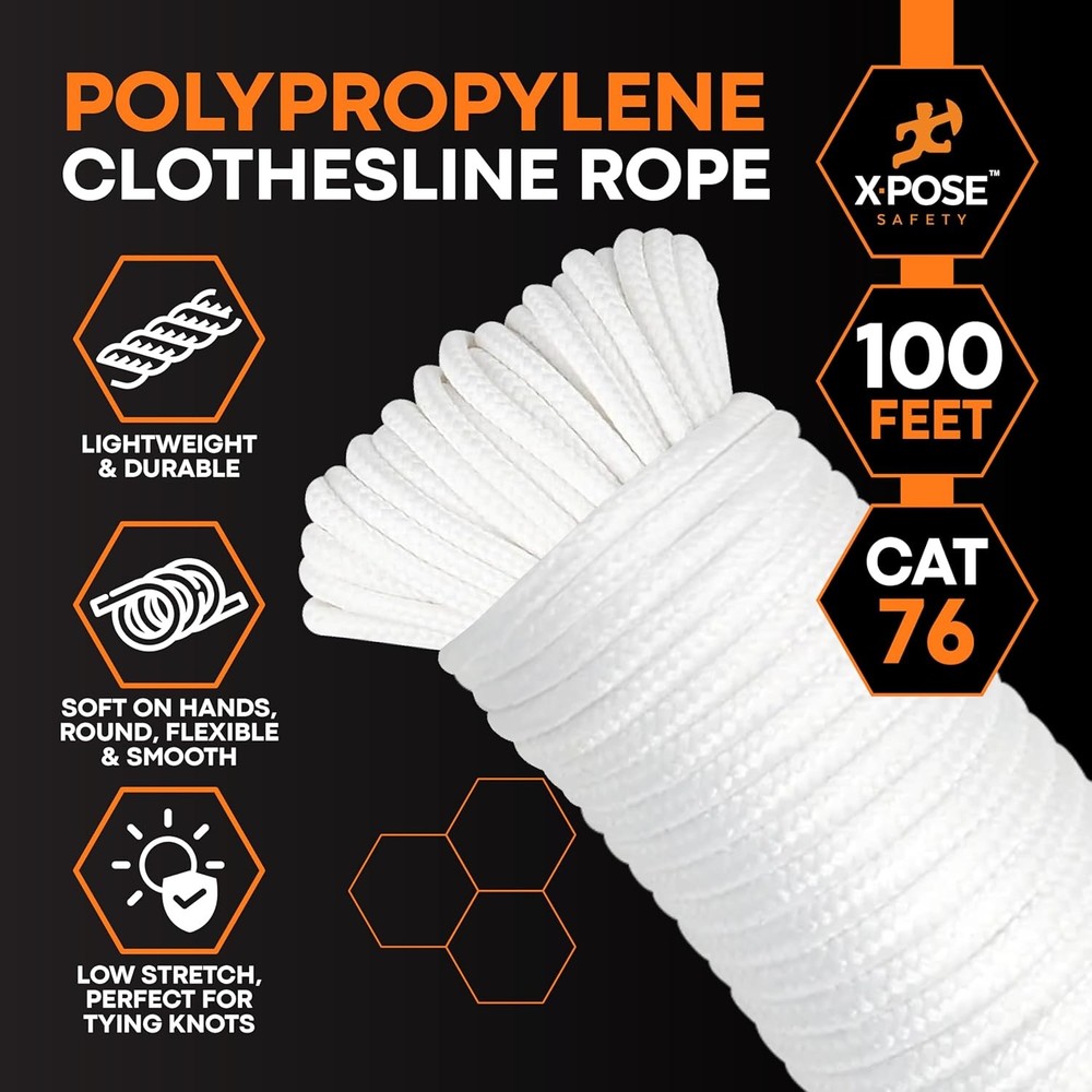 Diamond Braided Clothesline Rope – 6/32" x 100 ft – Durable Polypropylene, He...