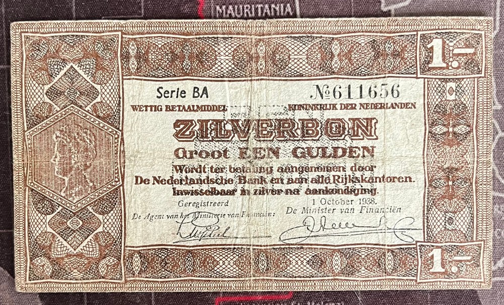 NETHERLANDS 1938 1 GULDEN NOTE