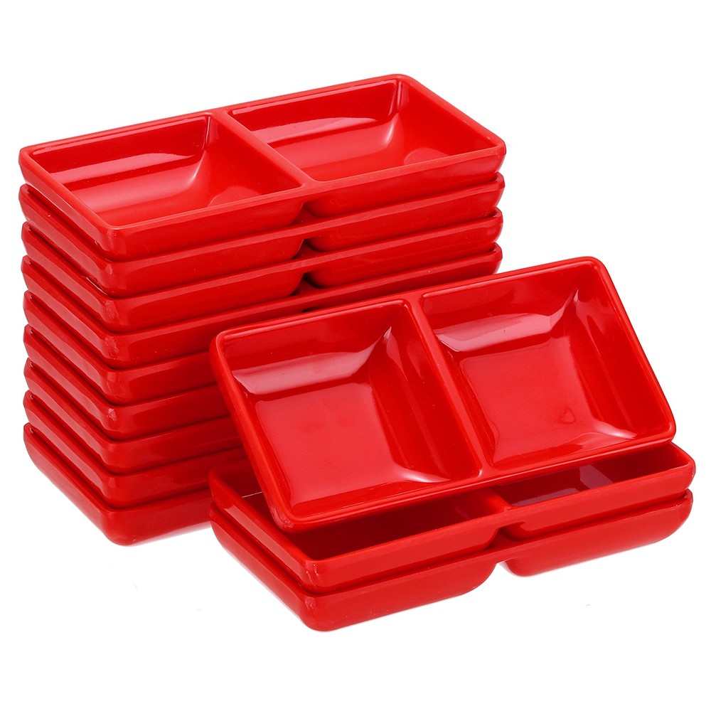 12Pcs Square Dipping Bowls Red with 2 Compartment Divided