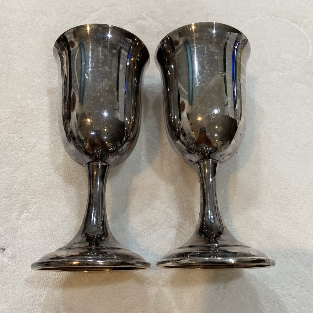 Pair Vintage Silver Plate Wine Water Goblets Unmarked