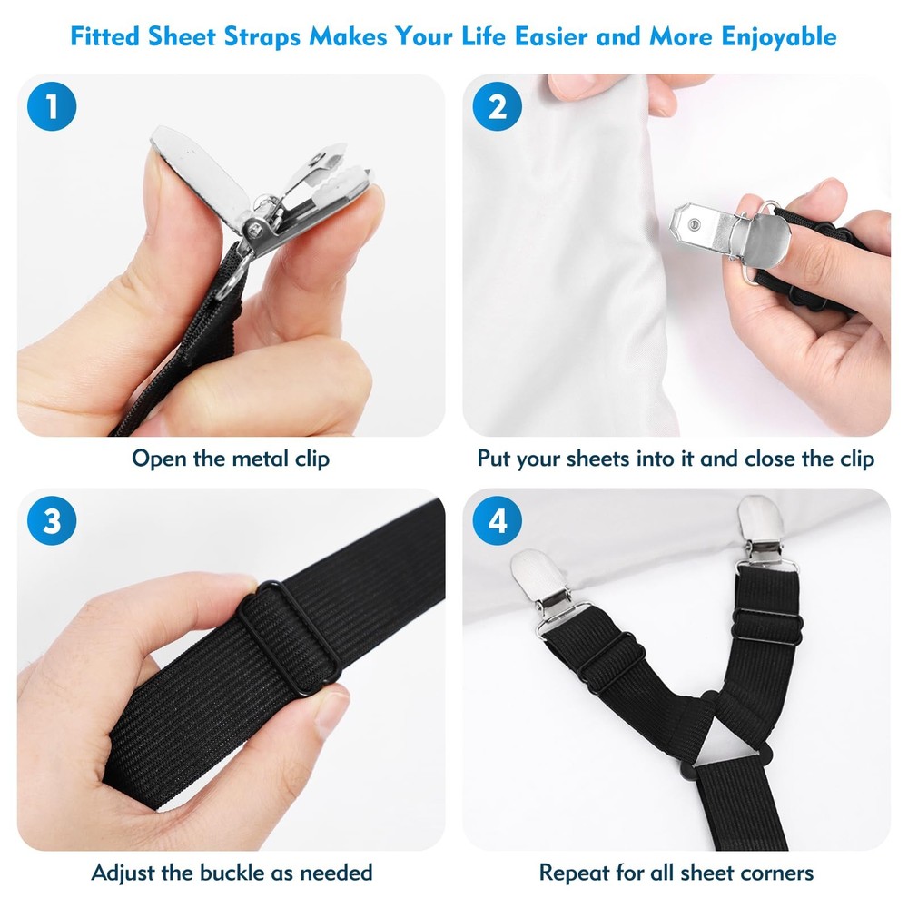 Xunesip Bed Sheet Straps, 2Pcs Elastic Adjustable Holder 2, Black