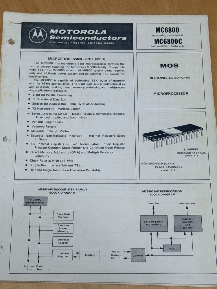 Motorola MC6800 Processor Datasheet MC6820 MC6850 MC6880 MC 6800 Microprocessor