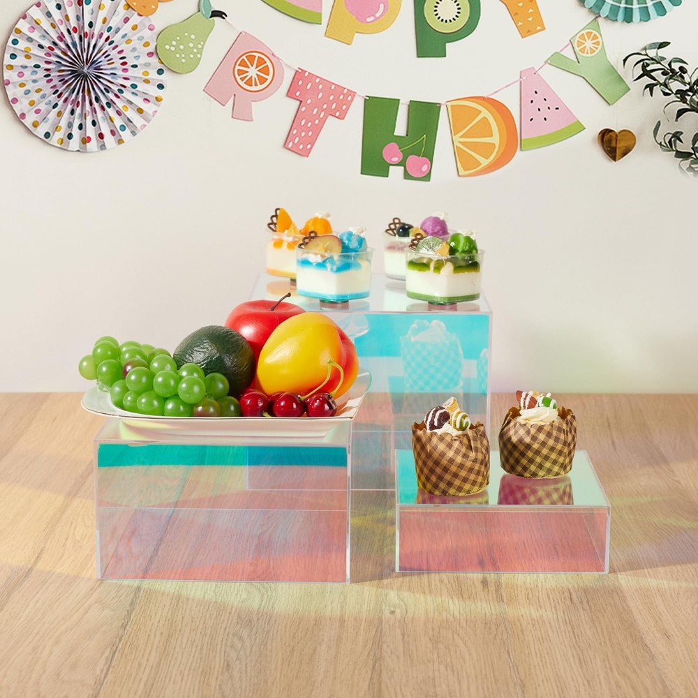 3Pcs Iridescent Risers Display Stands, Stackable Acrylic Cubes Display Box, N...