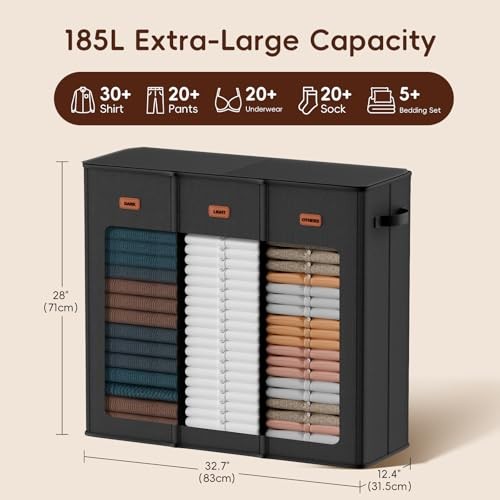 185L Laundry Hamper 3 Section, Laundry Hamper with Lid, 185L - 3 Section Black