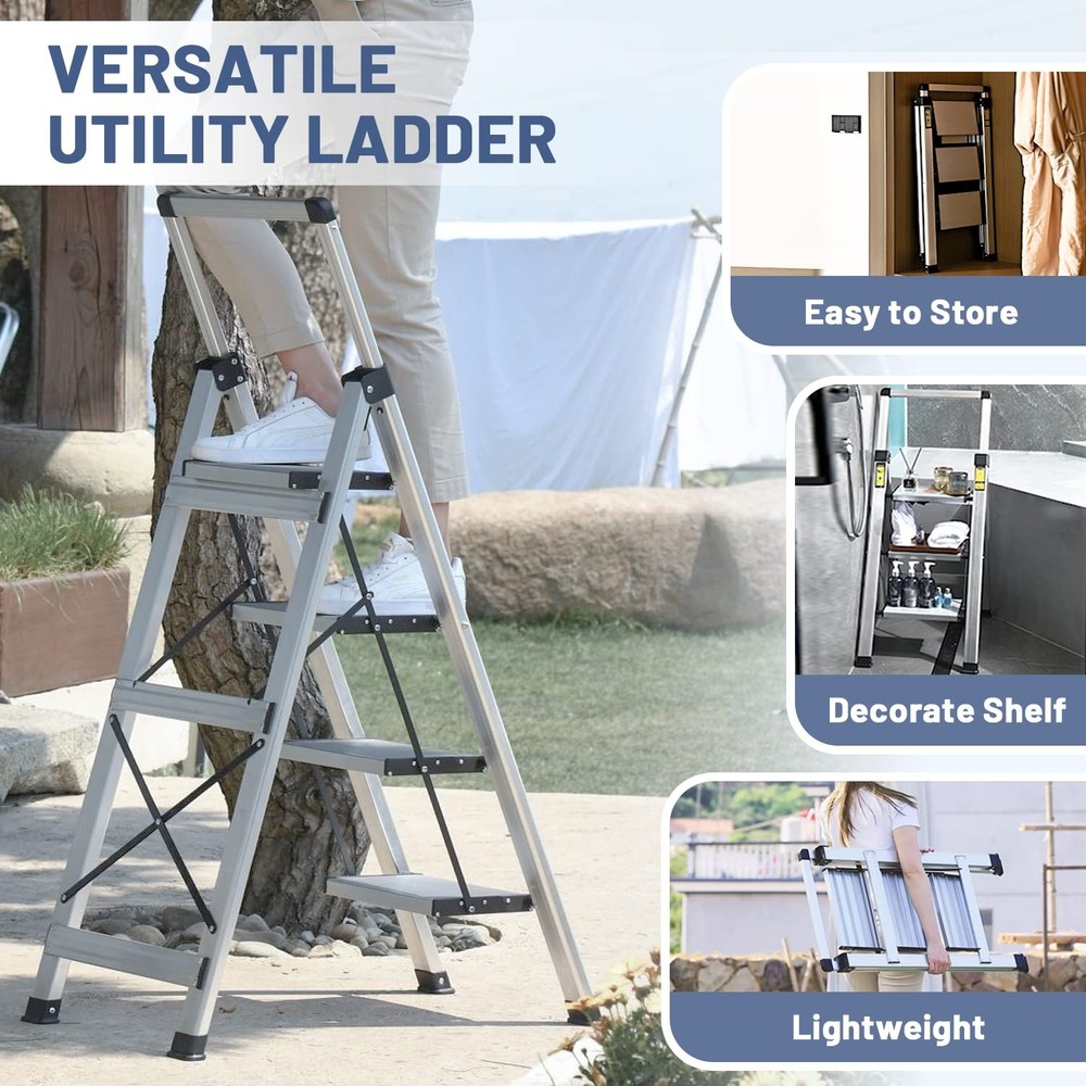 XinSunho 4 Step Ladder, Retractable Handgrip Folding 4 step, Silver