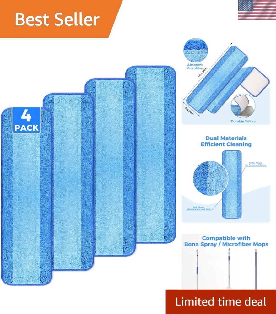 4-Pack Washable Microfiber Mop Pad Refills for Bona - 18-Inch Cleaning Solution