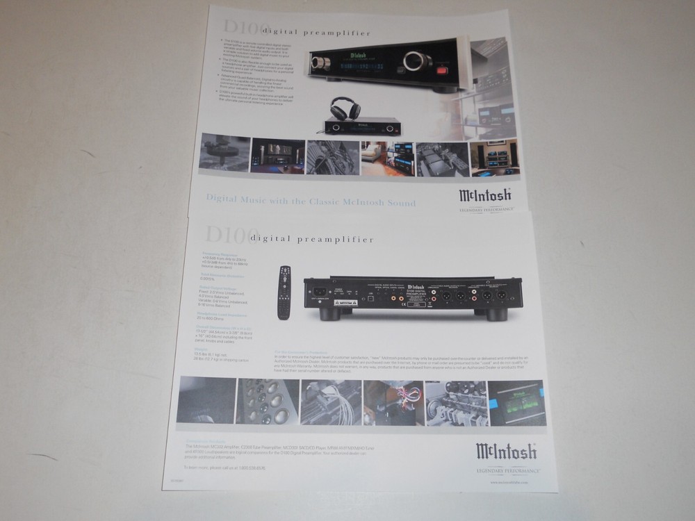 McIntosh D100 Digital Preamp Brochure 2 pages, Specs/Info/Article 2012