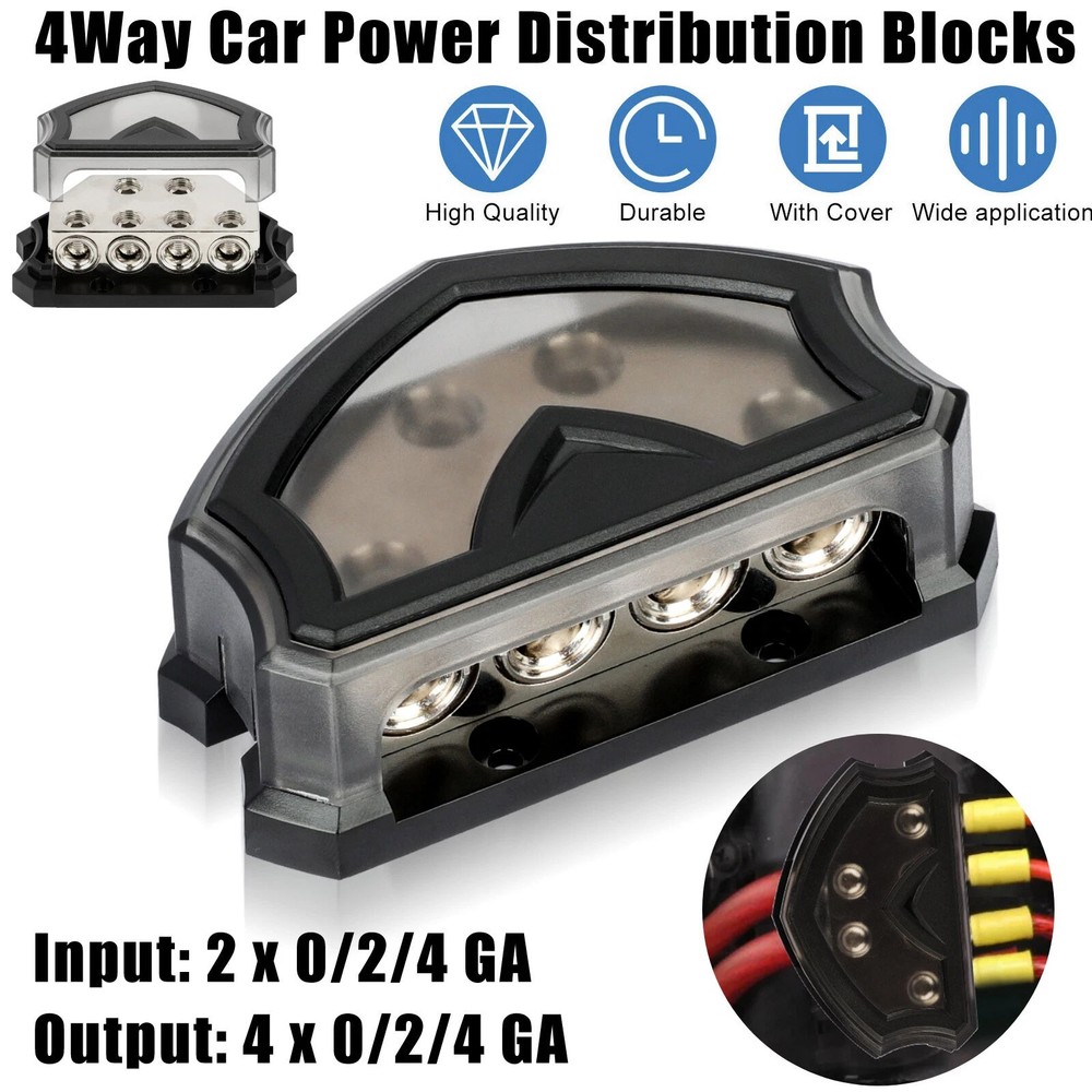 Protective 4-Way Distribution Block 2x 0/2/4 Gauge Input 4x Output Car Audio