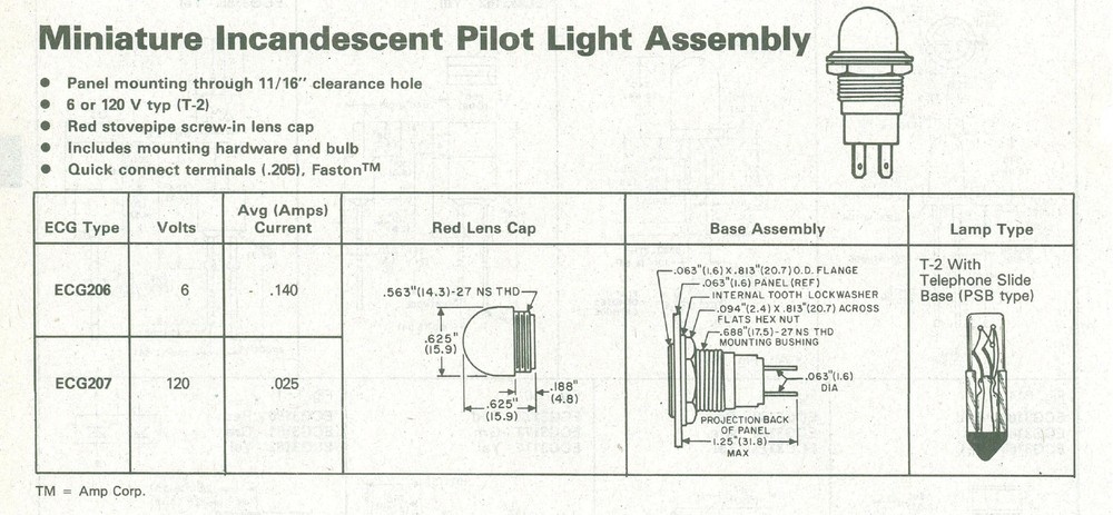 ECG206, 6V Miniature Incandescent Pilot Light Assembly