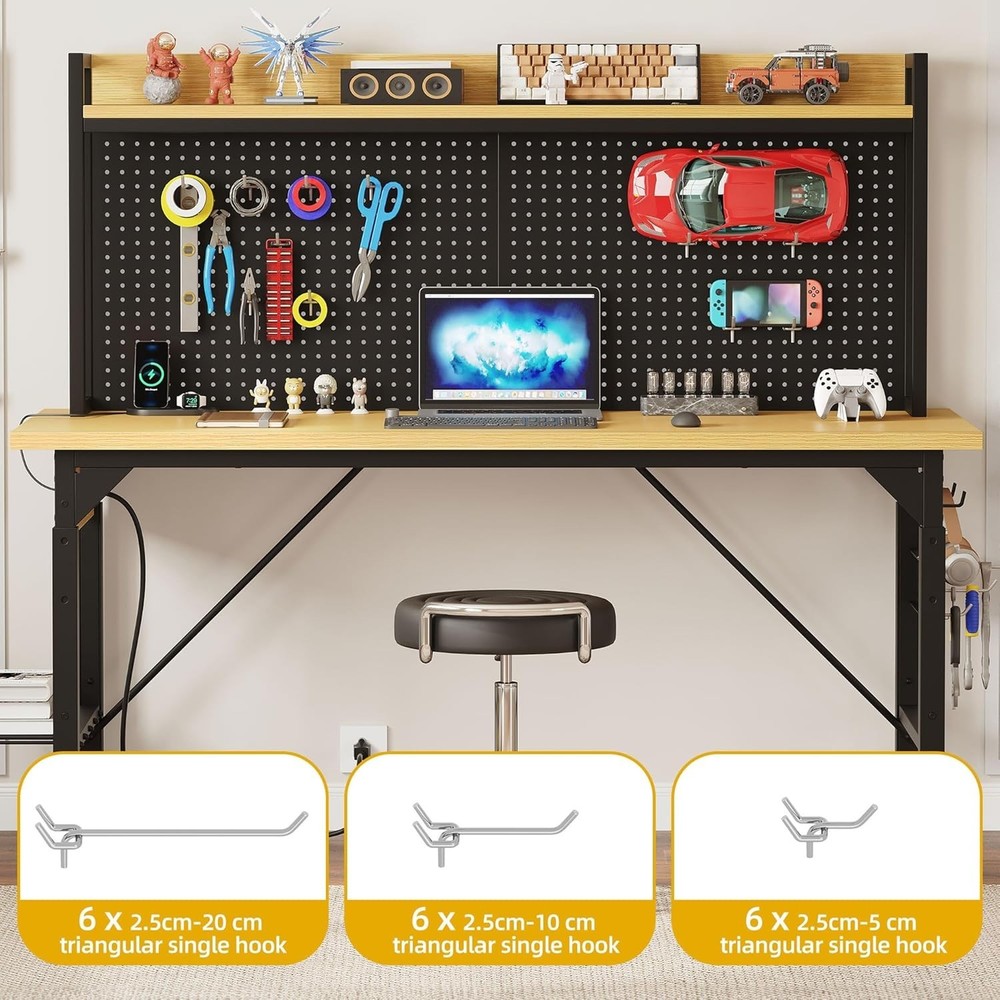 Sturdy 60" Adjustable Workbench with Hooks & Pegboard for Garage, Office & Home