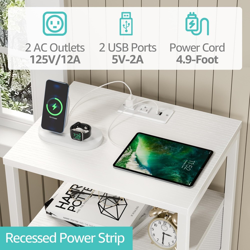 Small 4-Drawer White Nightstand with Charging Station LED Light