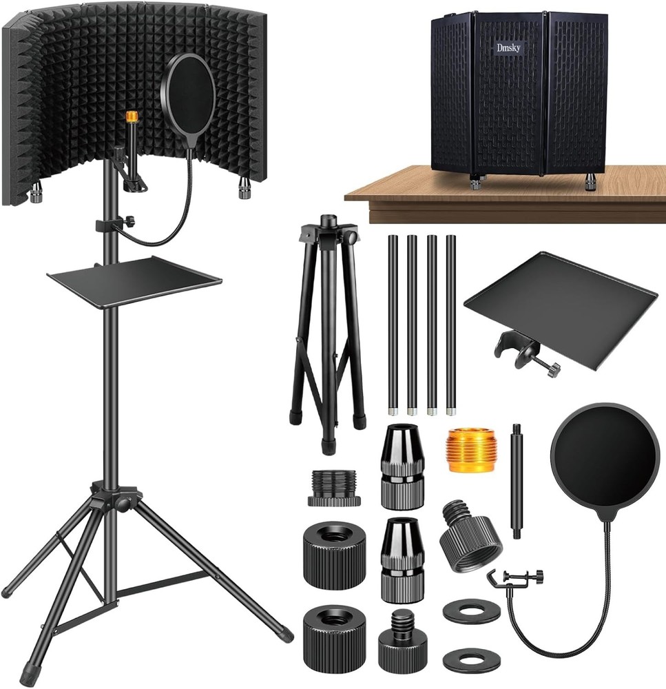 Microphone with Pop Filter & Tripod Stand, Foldable Mic Shield with Triple So...
