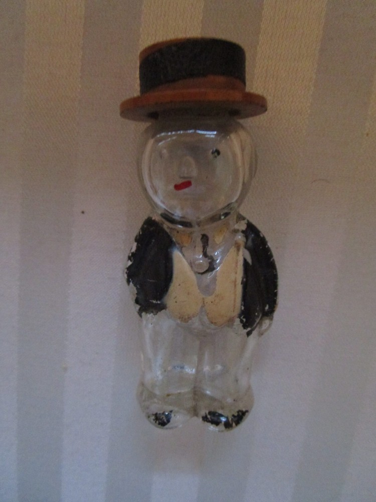 VINTAGE GLASS MAN WITH HAT CANDY CONTAINER