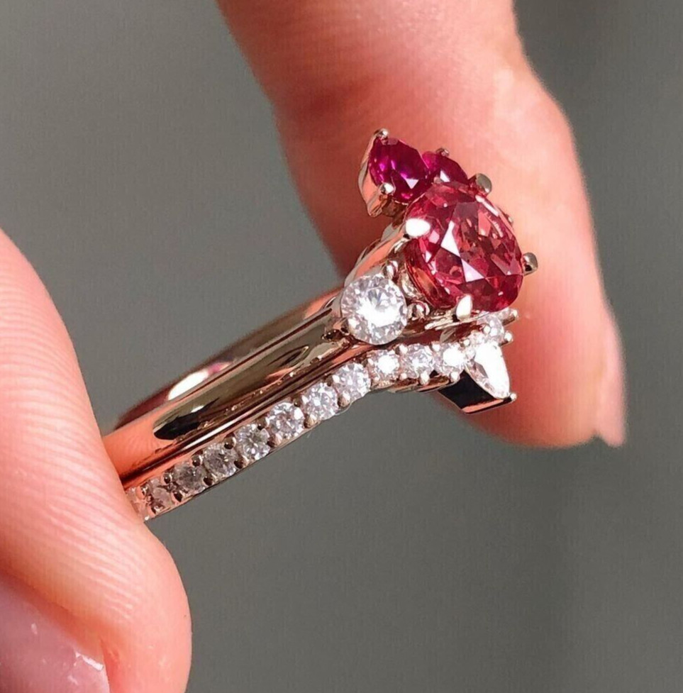 Women's Lab Created Ruby & Diamond Classic Wedding Bridal Set Ring 925 Silver