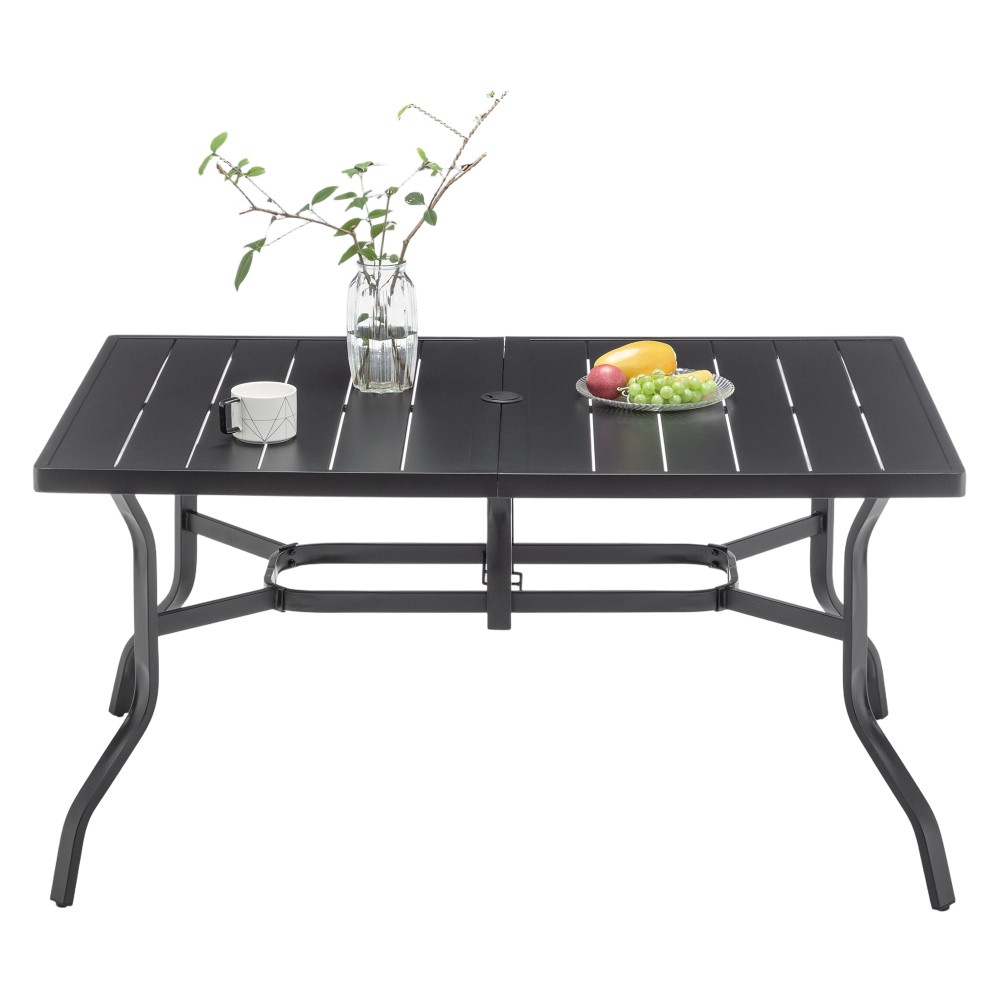 Rectangular Metal Patio Dining Table with Umbrella Hole Anti Slip Pads