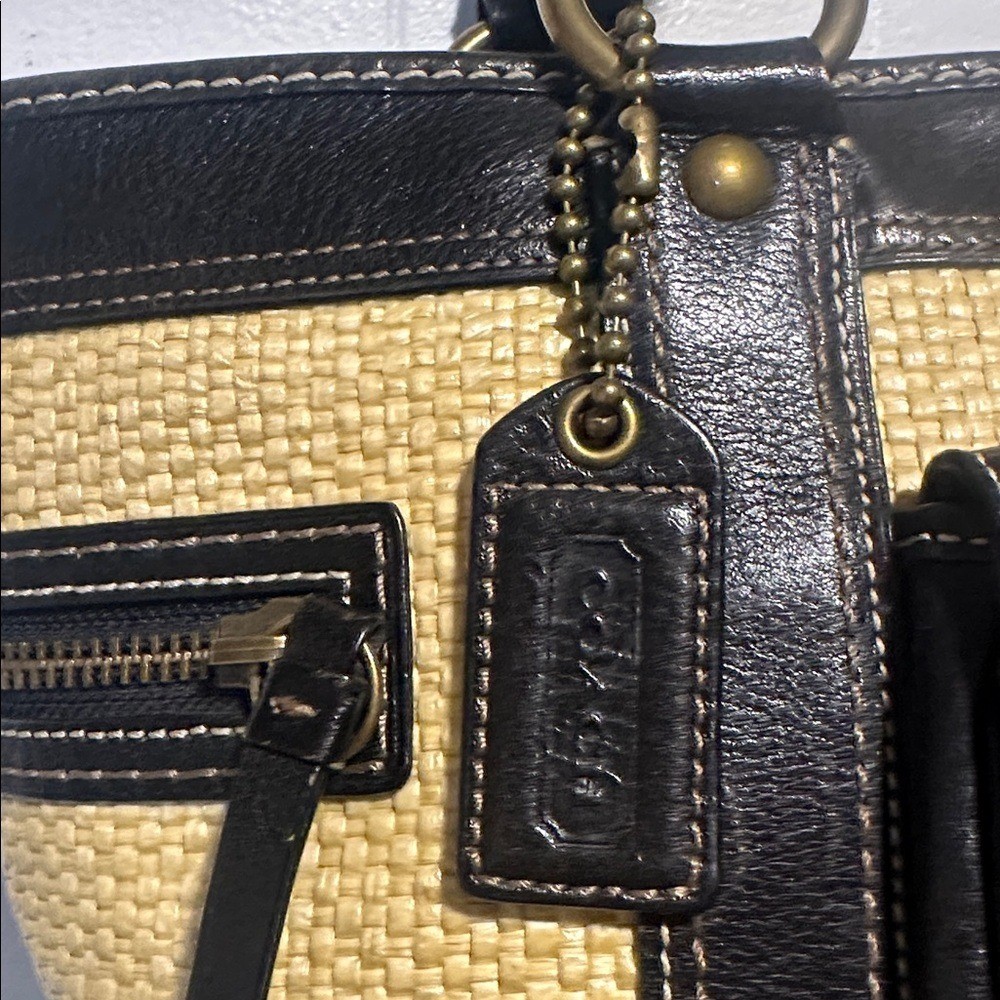 Coach woven tote with black leather