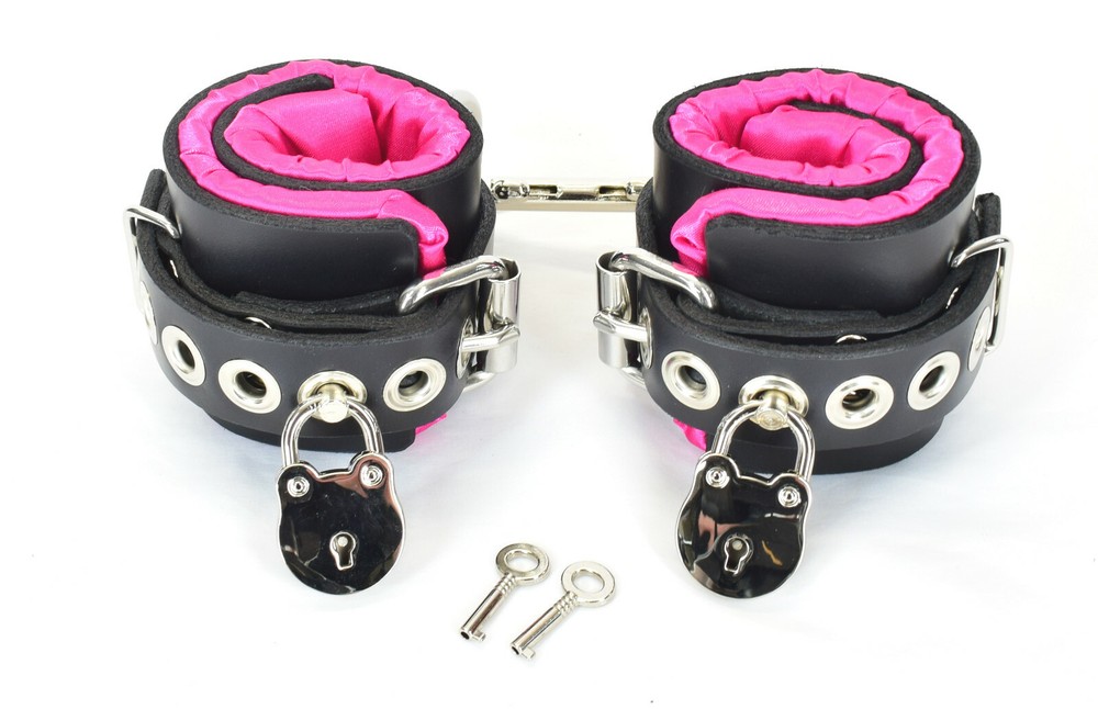 Locking Pink Satin Lined Leather Wrist Bondage Cuffs by Axovus