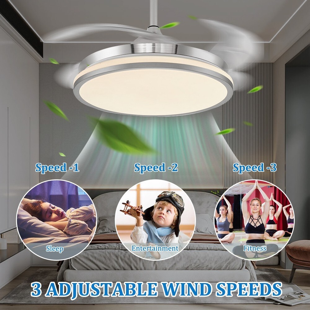 42" Ceiling Fan Light, Remote, LED 3-Color, Foldable Blades, Adjustable Height