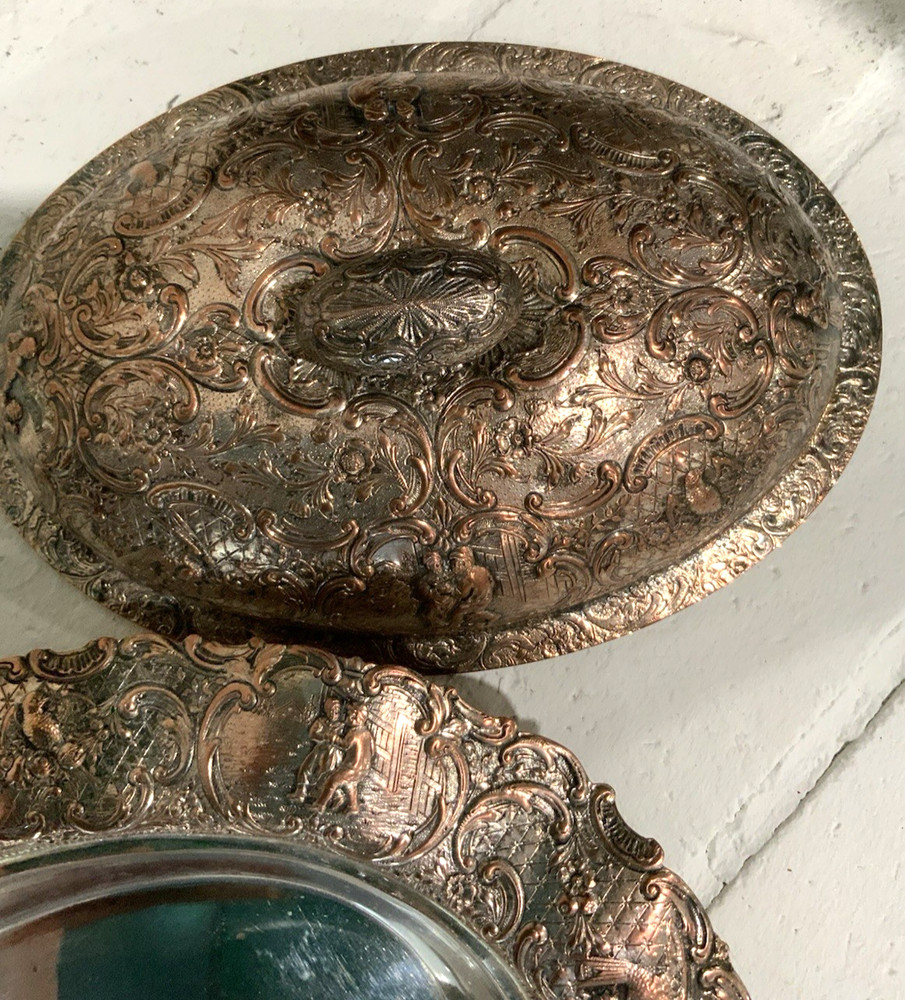 Antique Silver on Copper Oval Covered Repousse Serving Dish from E.G. Webster
